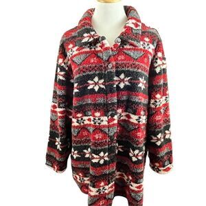 Vintage Southwestern Snowflake Sherpa Style fleece Shacket Red/ Black XL